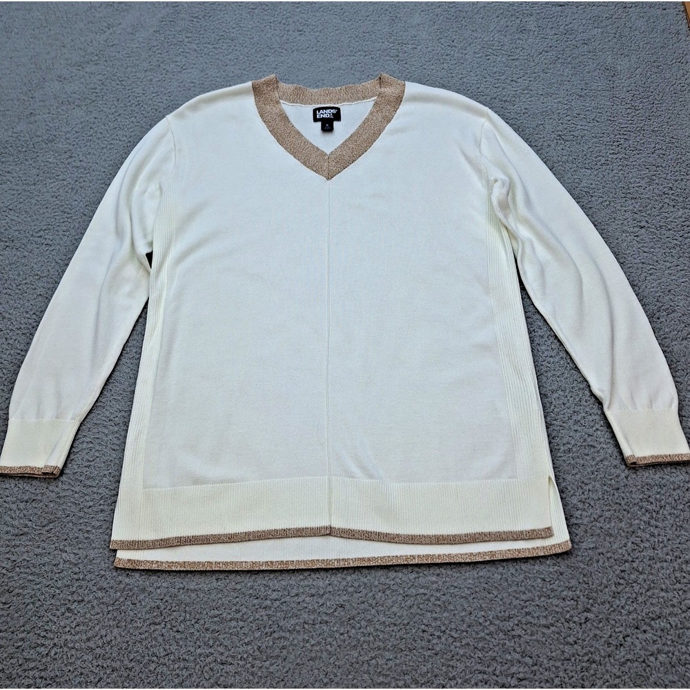 Lands End Sweater Womens Small Cream‎ Brown Trim V Neck Long Sleeve Pullover